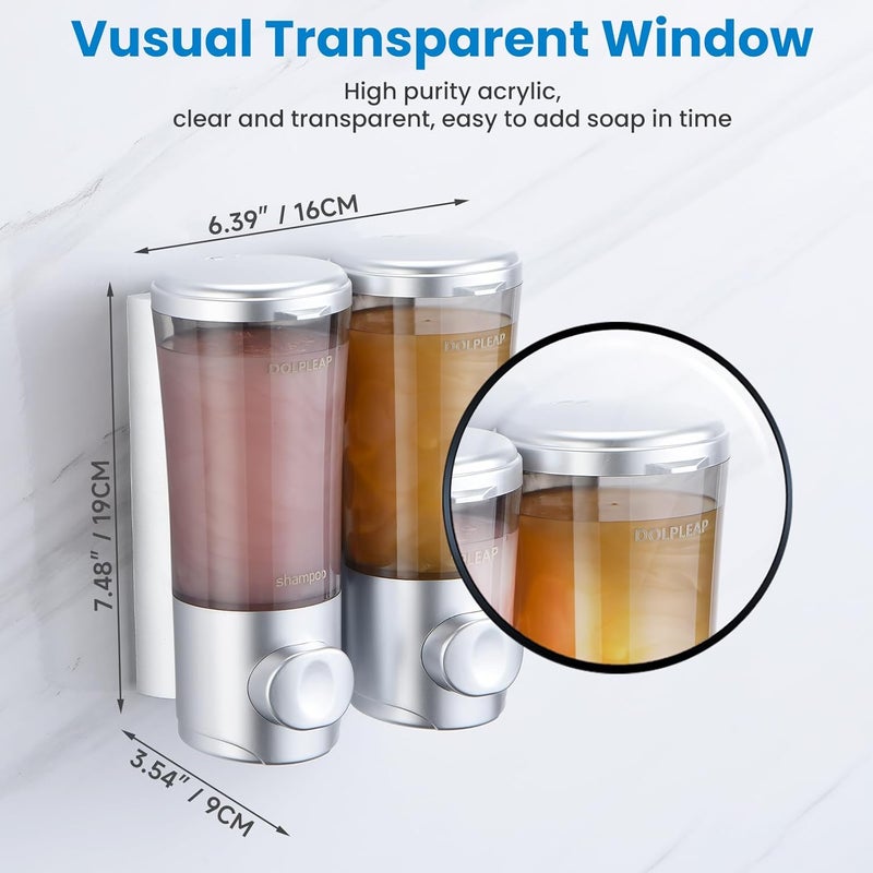 DOLPLEAP Shampoo Conditioner Body Wash Dispenser No Drill Shower Soap Dispenser Wall Mounted Shampoo Dispenser 2 Chamber with Upgrade Pump Head Bathroom Soap Dispenser 450ml/Each Sliver - Image 3